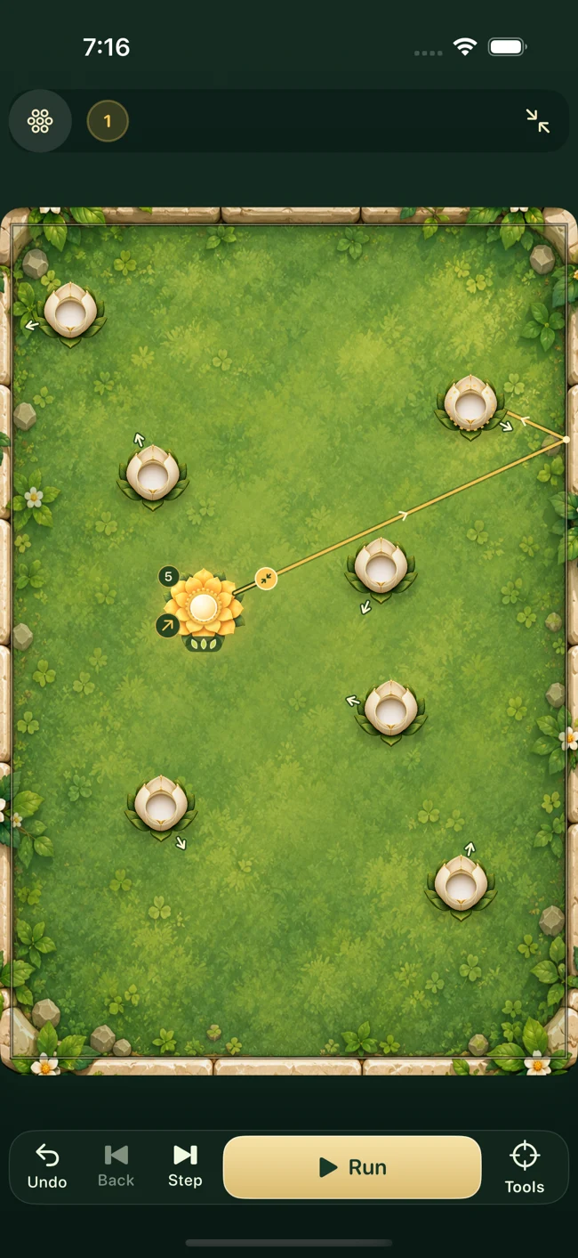 Real Bloom Bounce gameplay: a glowing seed follows a path through a sunlit garden