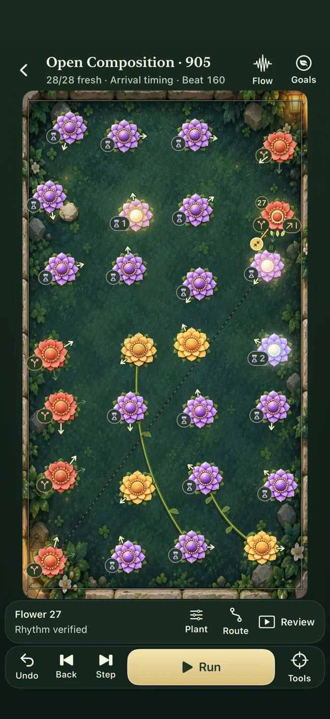 Real late-game Open Composition with a repeating rhythm across 28 flowers
